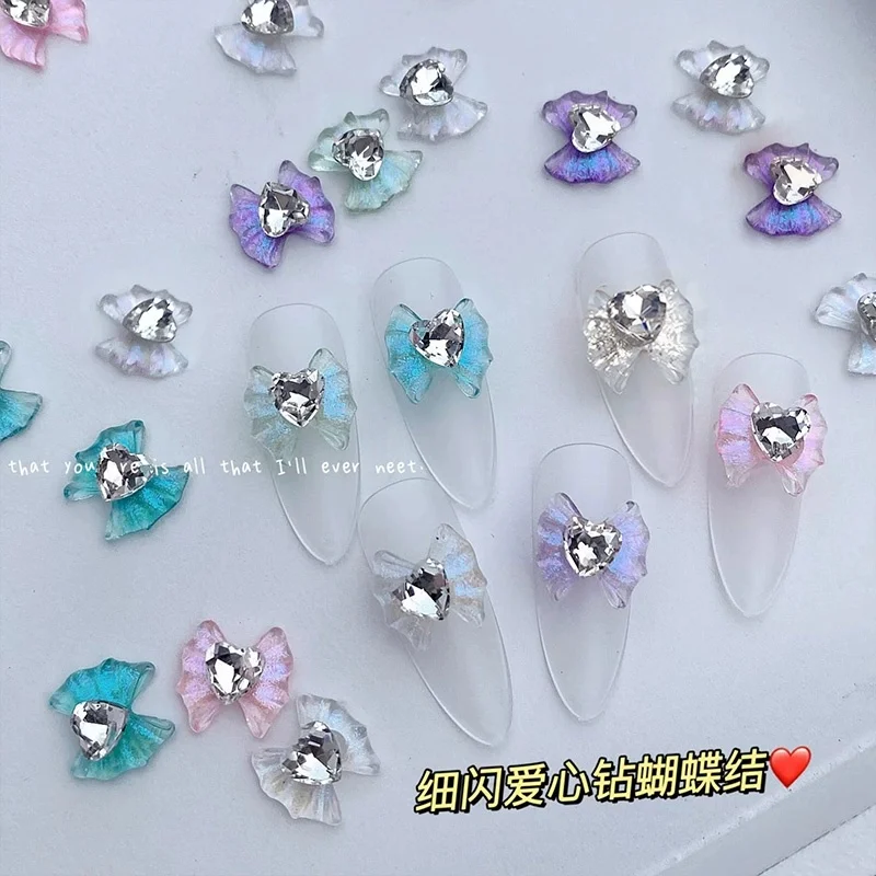 10pcs 3D White Glitter Bowknot Nail Art Charms Sparkle Ice Clear Resin Love Heart Diamond Nail Art Decorations Kawaii Nail Gems