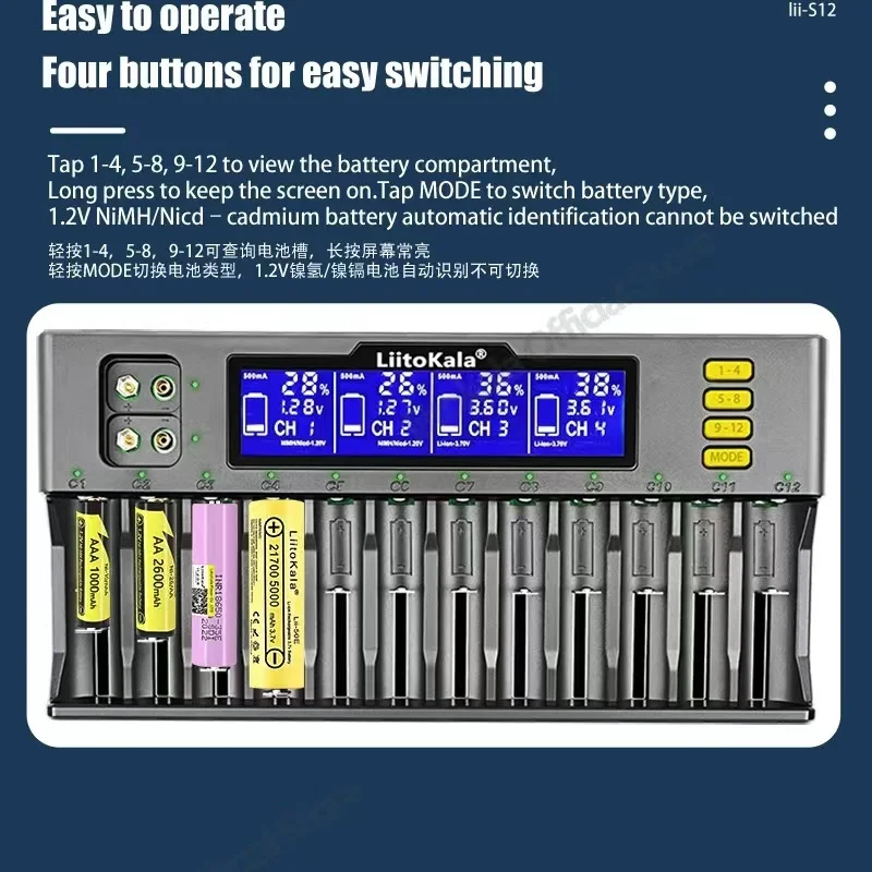 LIITOKALA-ライオンバッテリー充電器,Lii-S12, 12スロット,S8-Slot, 18650, 20700, 26650, 21700, 14500, 10440, 16340 V,1.2V