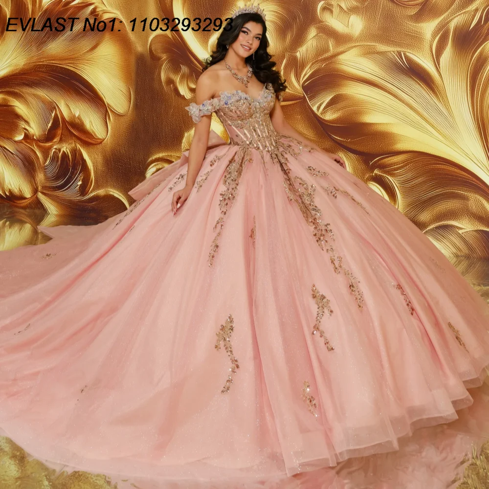 

EVLAST Customized Glitter Pink Ball Gown Quinceanera Dress Silver Lace Applique Beading Bow Sweet 16 Vestidos De 15 Anos E1QN259