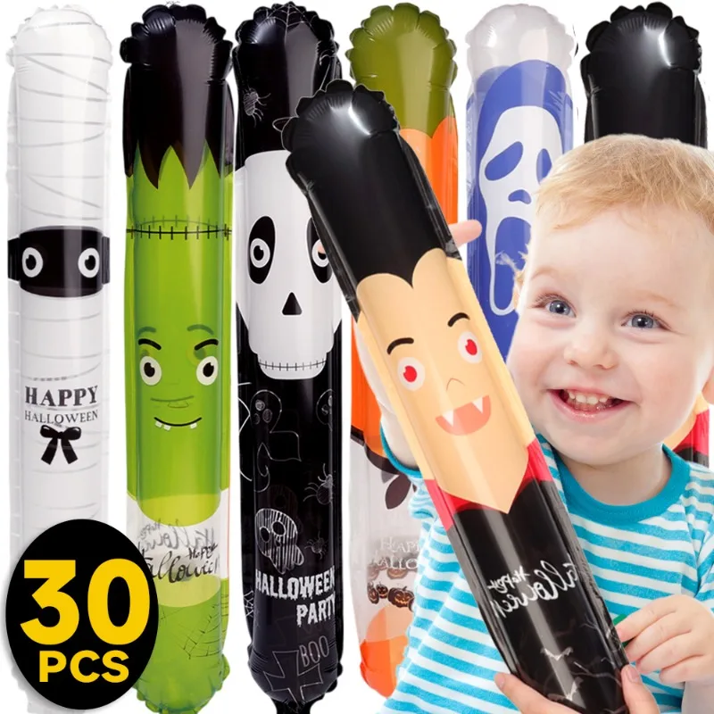 30/1PCS Halloween Balloons Inflatable Sticks Black Skull Aluminum Film Handheld Balloons Kids Toys Horror Decor Party Supplies