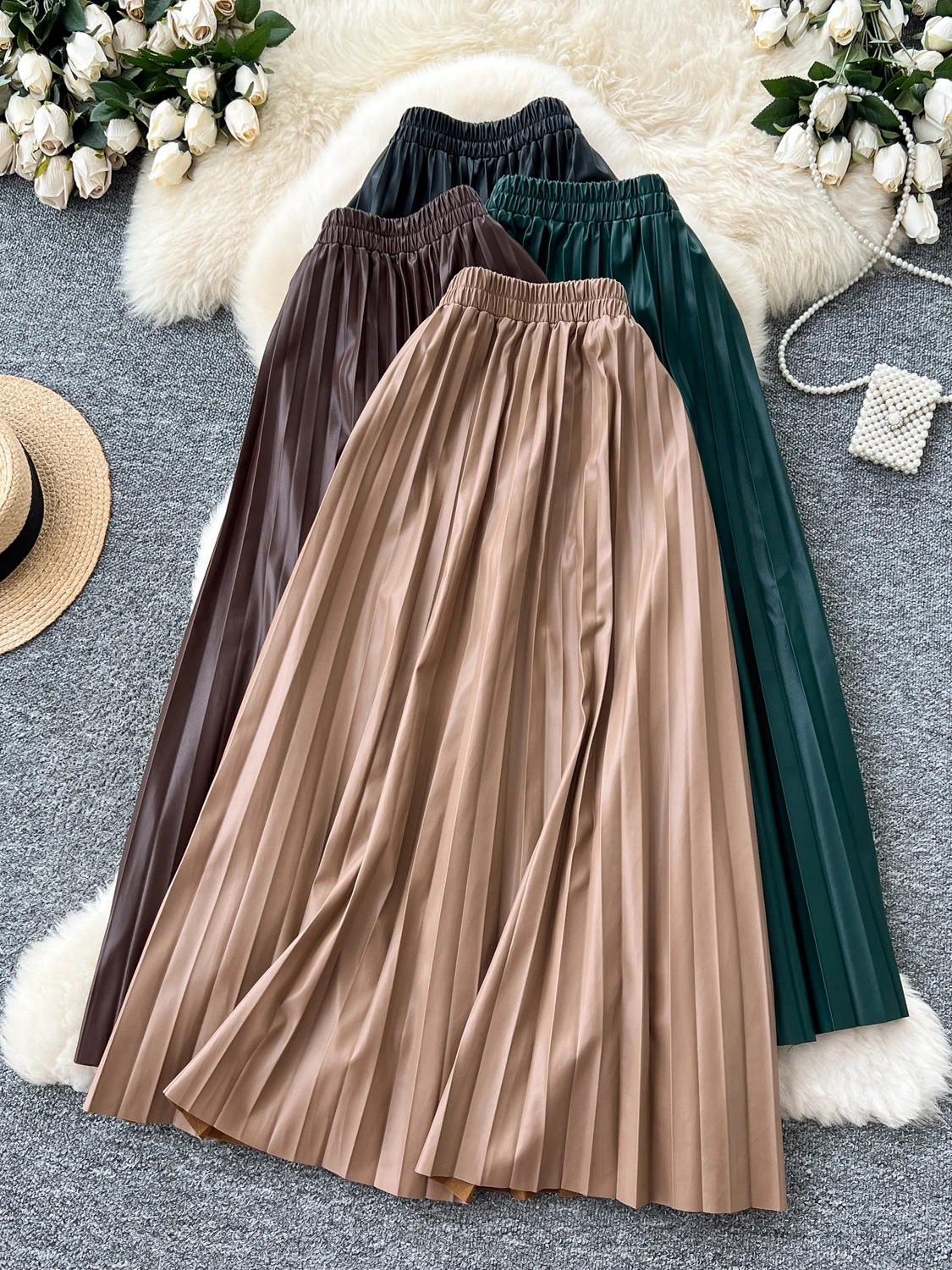 High Waist A-Line Midi Skirt Women's Leather Jaet Elastic Waist Slimming Pleated Skirts Korean Sle Ci Commute Polyester...