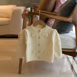 Autumn Children's Sweater Girls' Knitwear Clothing Round Neck Hollow 3D Flower Cardigan Top Versatile Coat Fashion Kids Outfit