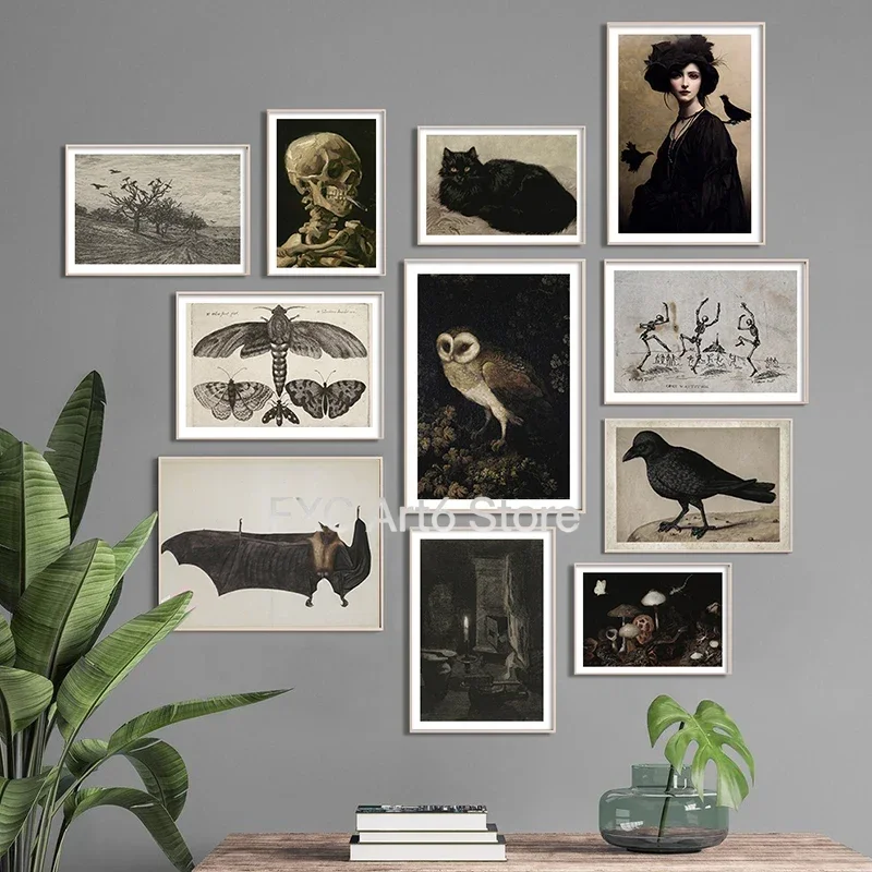 1 Pieza de Póster Decorativo de Halloween sin Marco, Impresión en Lienzo Vintage de Gato Negro para Decoración de Pared, Arte de Galería 2D/Plano