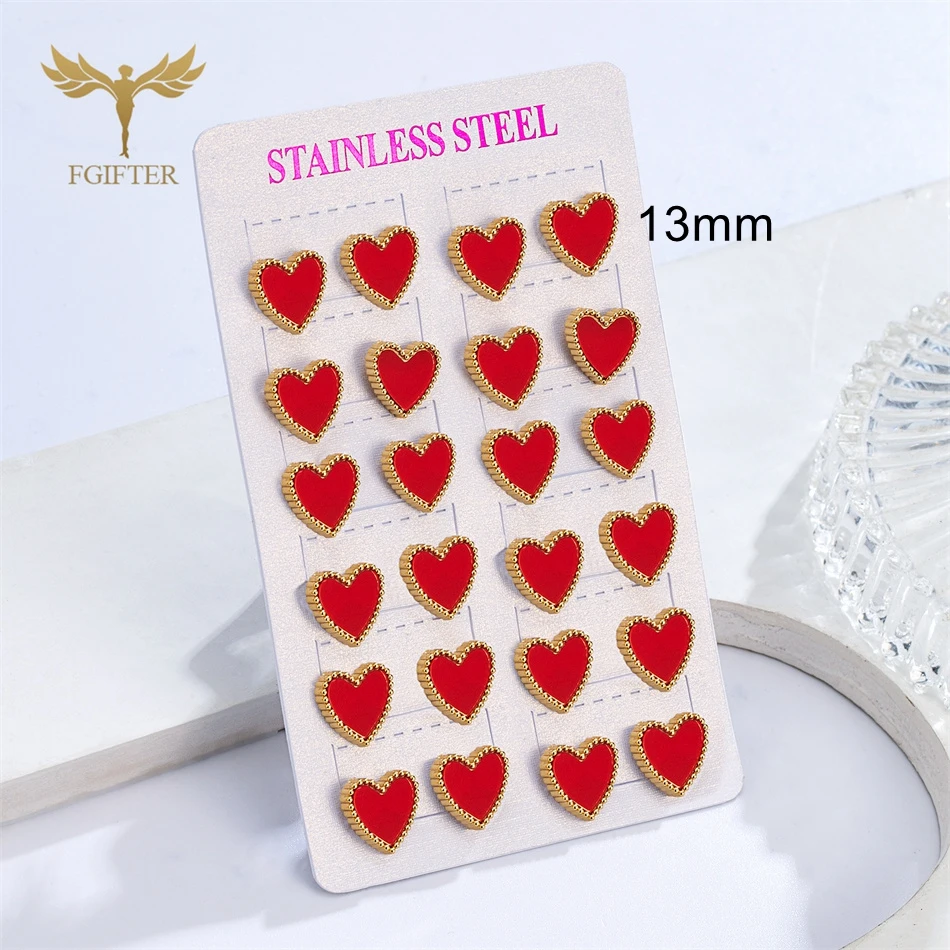 12 Pairs Minimalism Red Love Heart Stud Earrings Wholesale Stainless Steel Jewelry Women Girls Accessories Valentine's Day Gifts