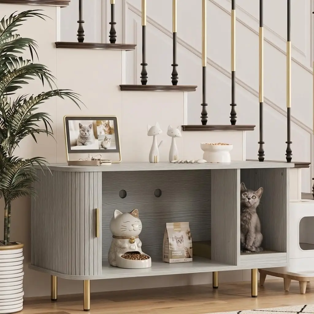 Cat Litter Box Enclosure with Scratch Pad, Sliding Door, 38.5