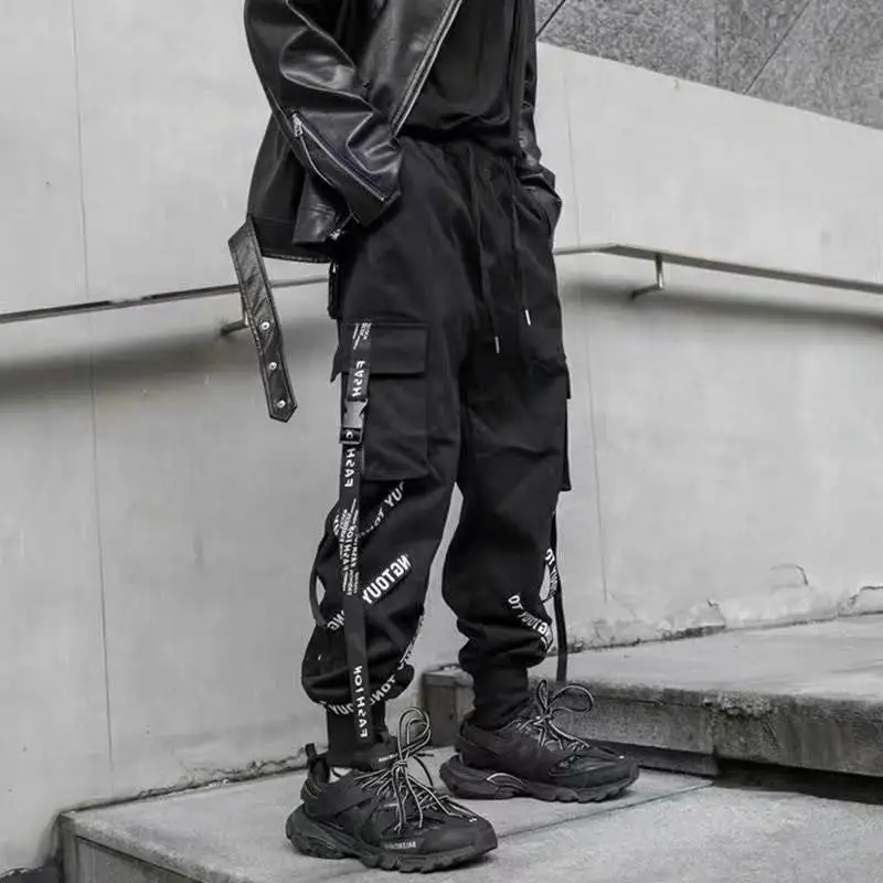 Classic Streetwear Hip Hop Joggers Men Letter Ribbons Cargo Pants Pockets Track Tactical Casual Male Trousers Sweatpant KZ98