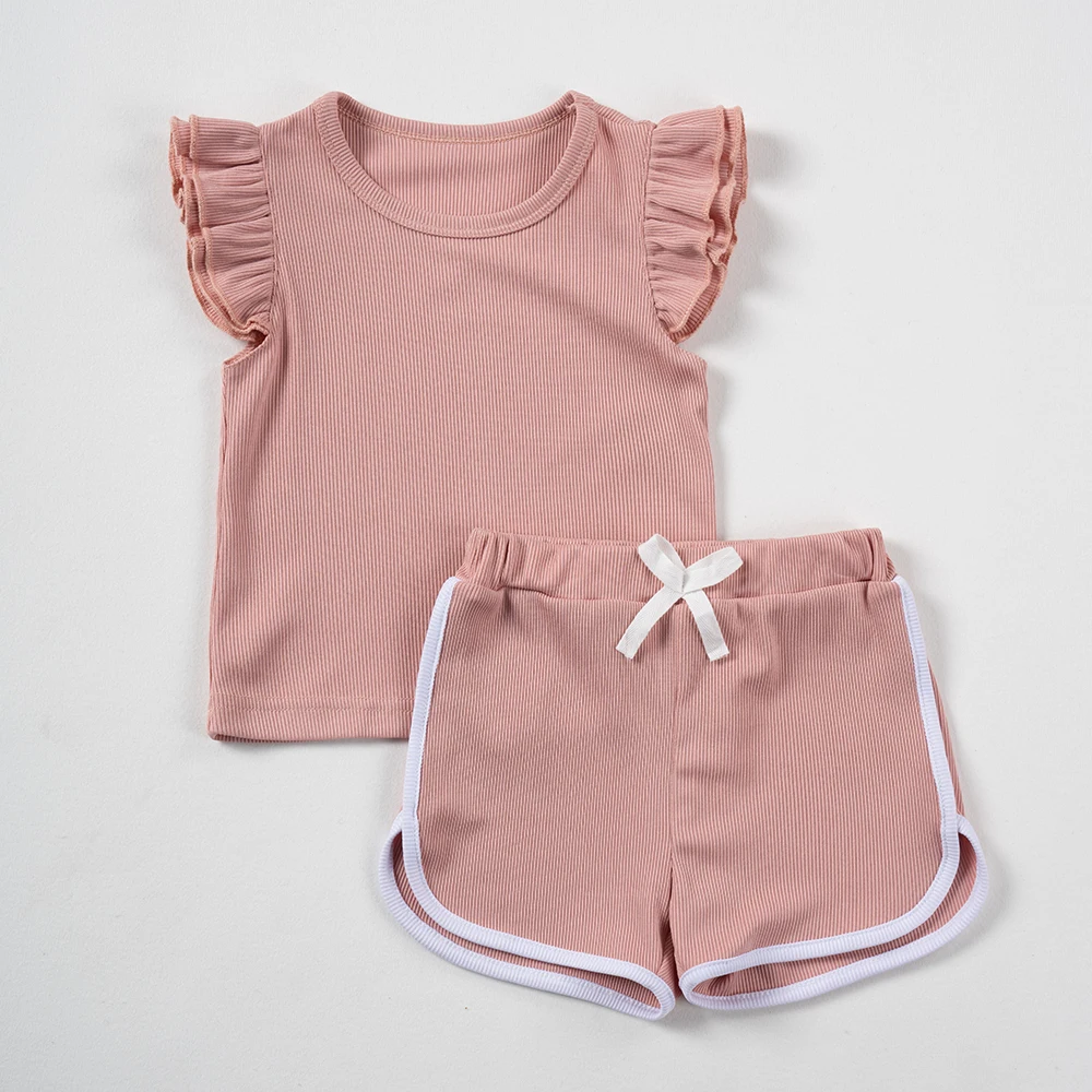 Summer Baby Ruffle Clothes Sets Cute Girl Flying Sleeve Shorts T-shirts Set for Children Kids Brief Casual Clothing Oufits