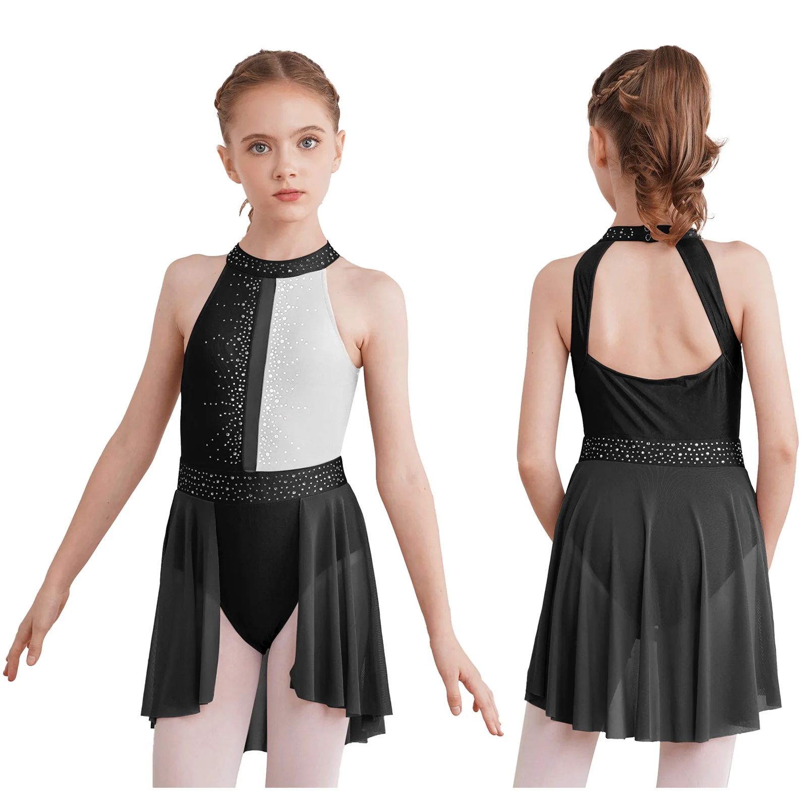 Child Girls Lyrical Dance Dress Ballet Figure Skating Gymnastics Stage Performance Costume Sleeveless Shiny Rhinestone Leotard