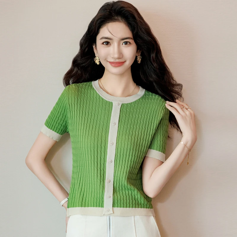 

Spring/Summer New Short Sleeved Knitwear Women's Small Fragrant Style Colored Round Neck Pullover Short Top Female Clothing