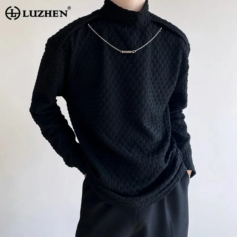 LUZHEN 2026 Autumn Winter Textured Plaid Knitted Pullover Turtleneck Men's Solid Color Elegant Korean Handsome Sweater JY9570