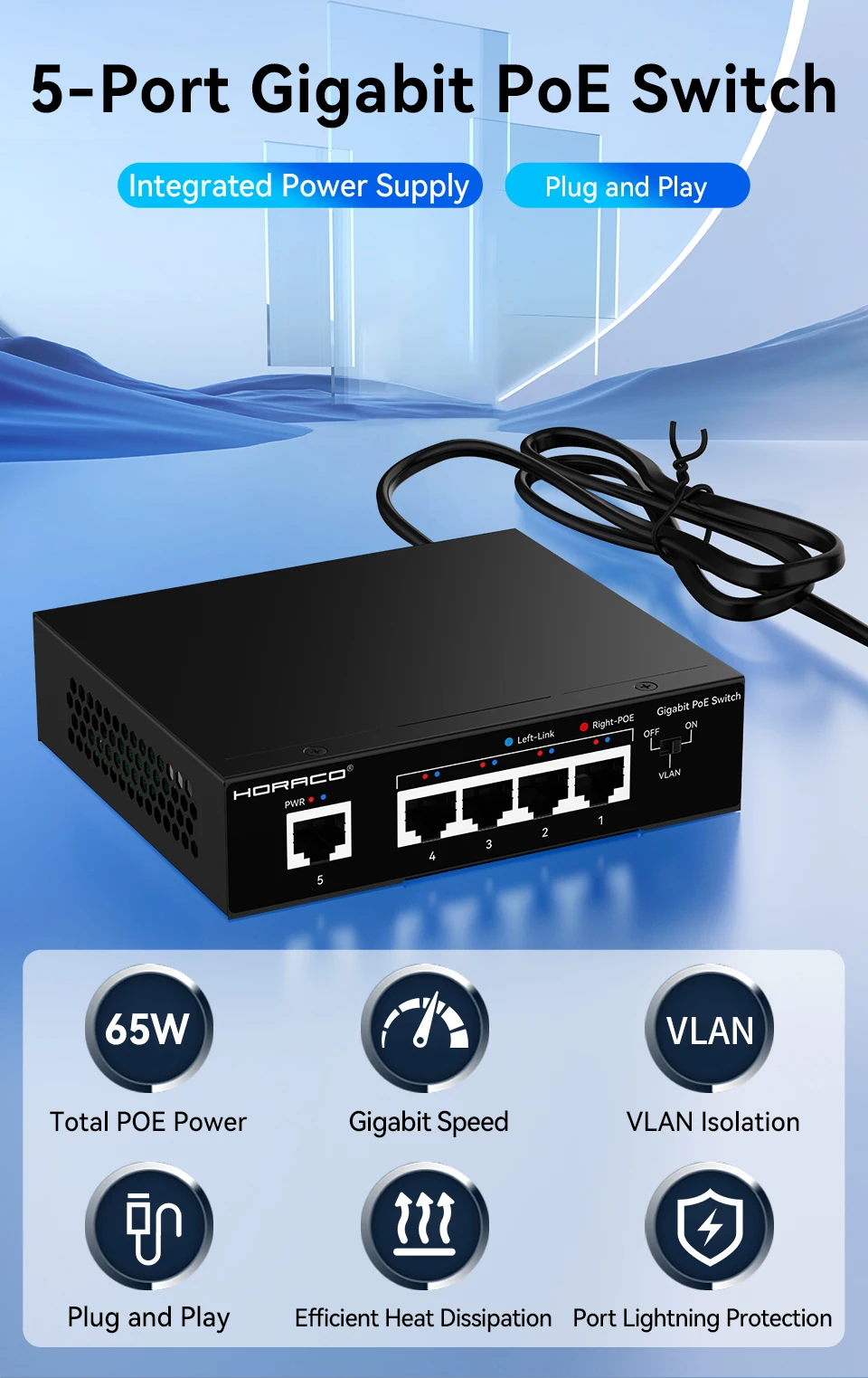 HORACO 5-Port POE Switch Gigabit 1000Mbps Aktiver POE Netzwerk-Switch für IP-Kamera, NVR, Überwachung, CCTV, POE-Kamera – Detail 1