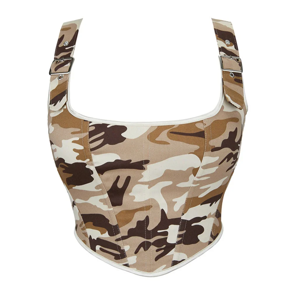 Women Retro Camouflage Corset Camisole Tops Sexy Khaki Adjustable Shoulder Strap Bustier Crop Tops Gothic Lace-up Vest Lingerie