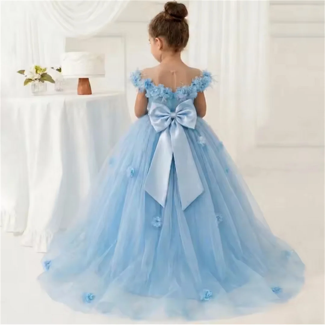 Customized Sky Blue Flower Girl Dresses Tulle Flowers With Bow And Trailing For Wedding Birthday Party Prom Banquet Ball Gown