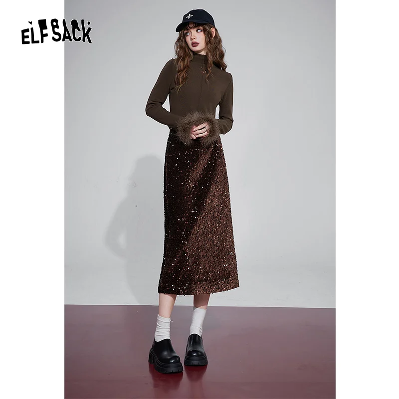 ELFSACK Korean Fashion Party Dress For Women 2023 Winter New Sparkly Elegant Luxury Bottom