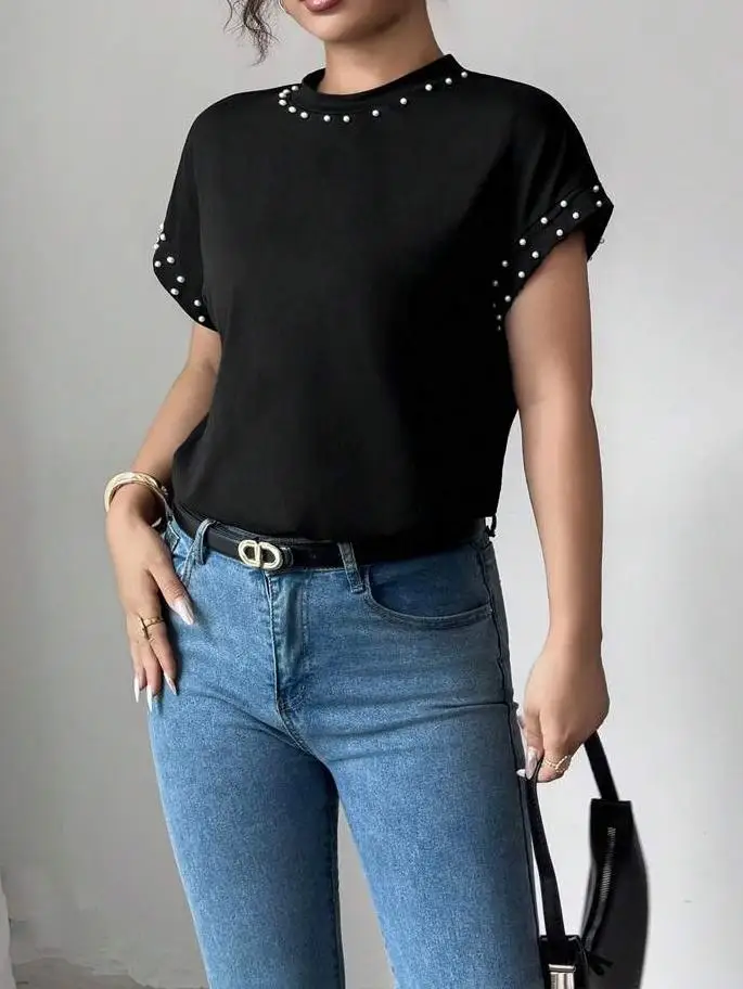 Ladies Solid Color round Neck Short Sleeve T-Shirt with Bubble Pearl Detailing Fashionable Casual Top for Women