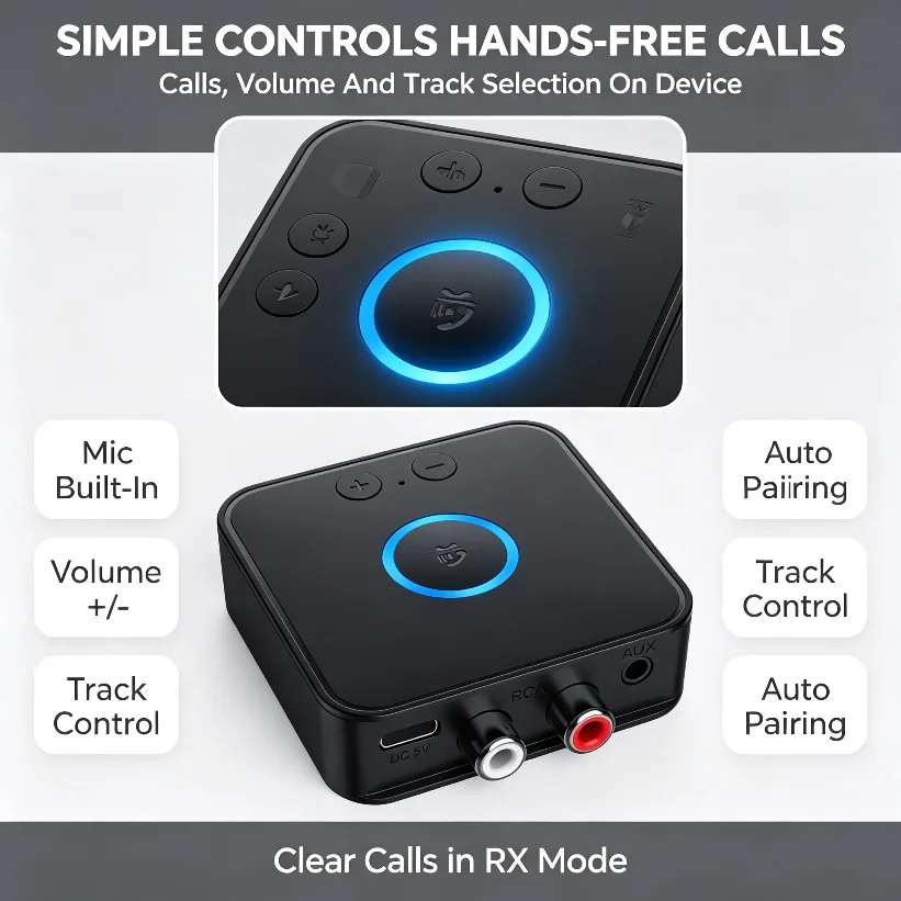 Car Bluetooth Audio Adapter 6.0 Transmitter Receiver 2-in-1 RCA AUX Dual Link Low Latency For Home Stereo Amplifier