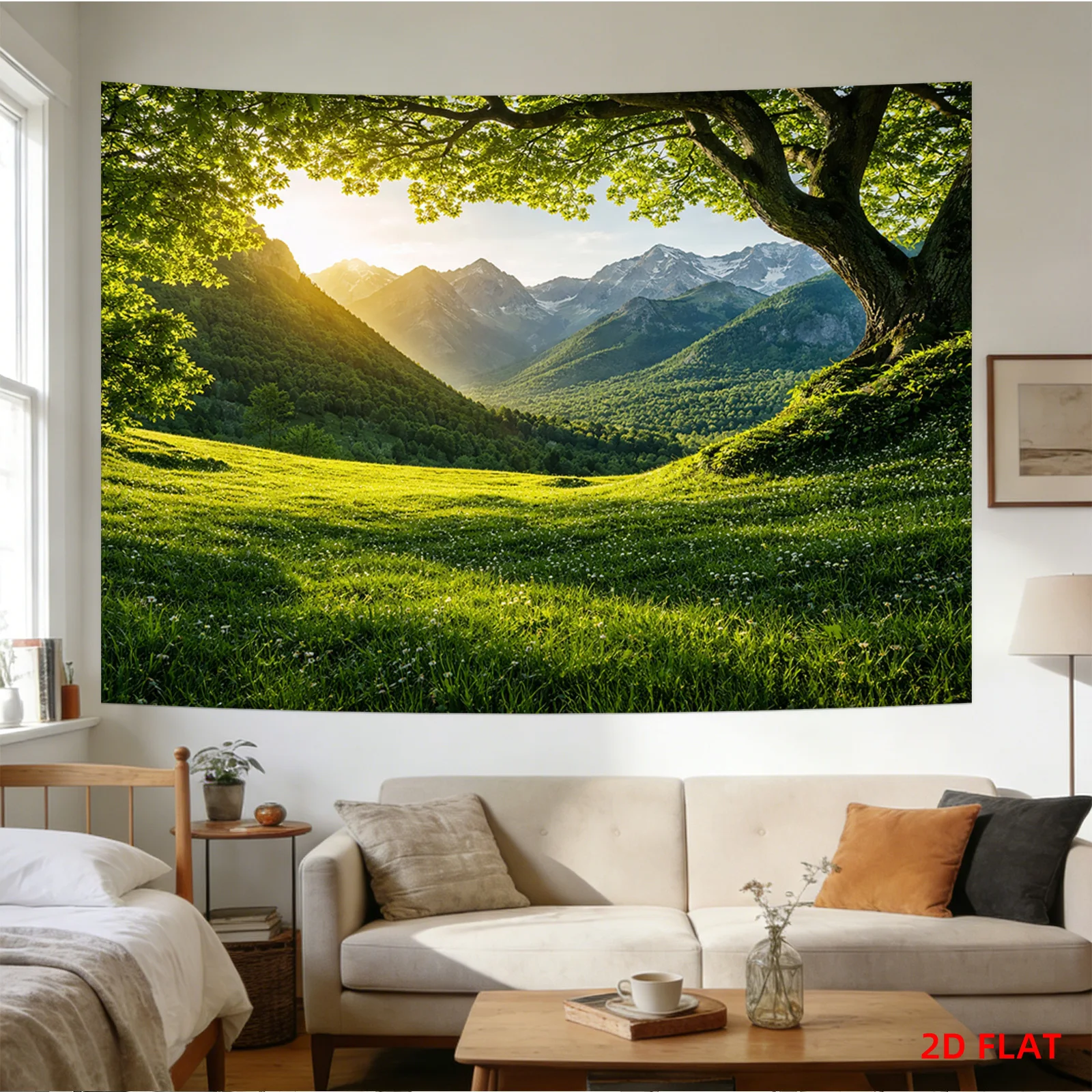 Vibrant Green Forest Landscape Tapestry Mural Wall Decor Sunlight Nature Artwork Print for Living Room Bedroom Home Interior Dec
