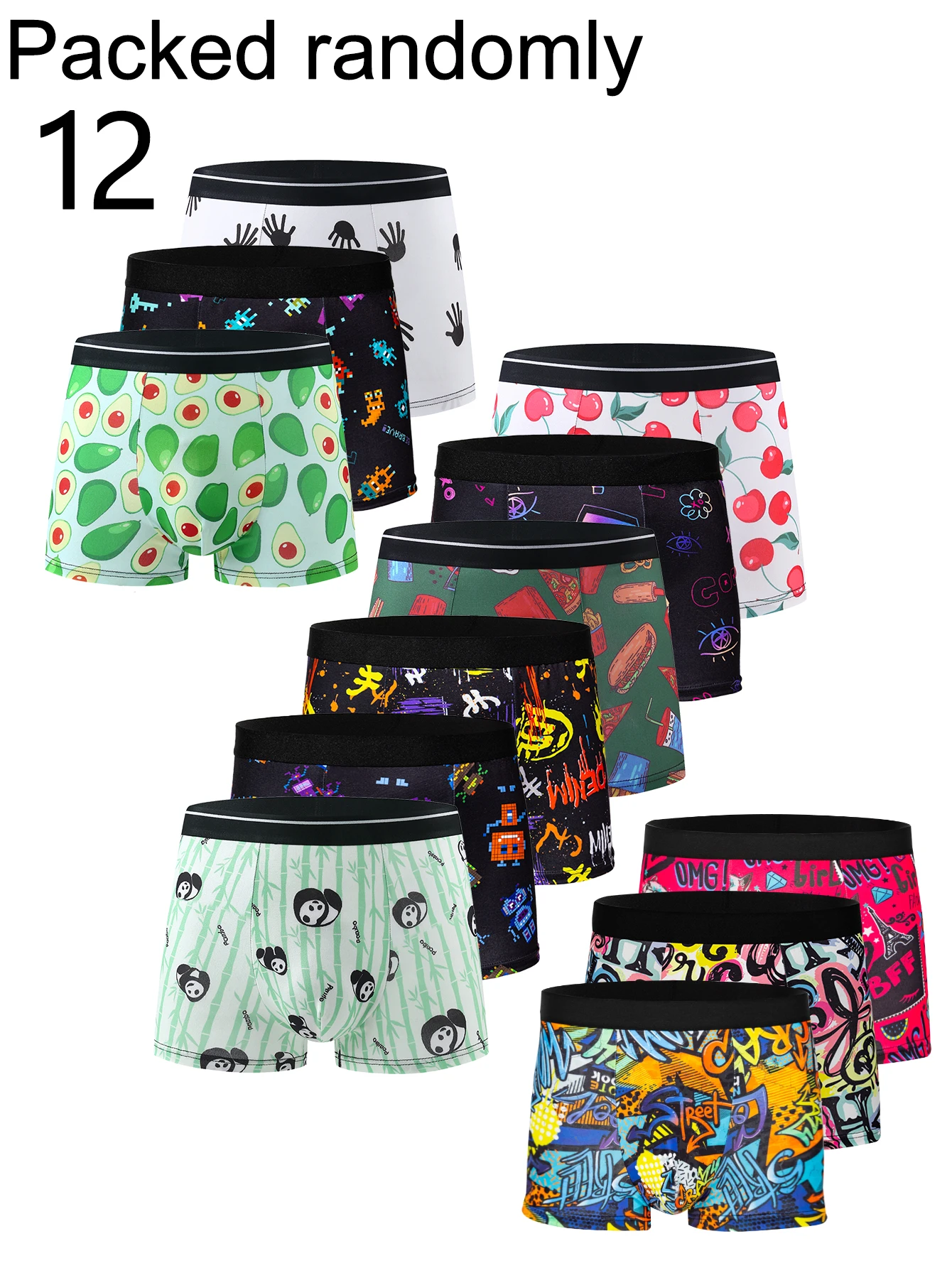 12-Pack Men's Boxer Shorts Graphic Print Fruit Panda Doodle Casual Waist Briefs Multicolor Random Delivery Four Corner Underwear