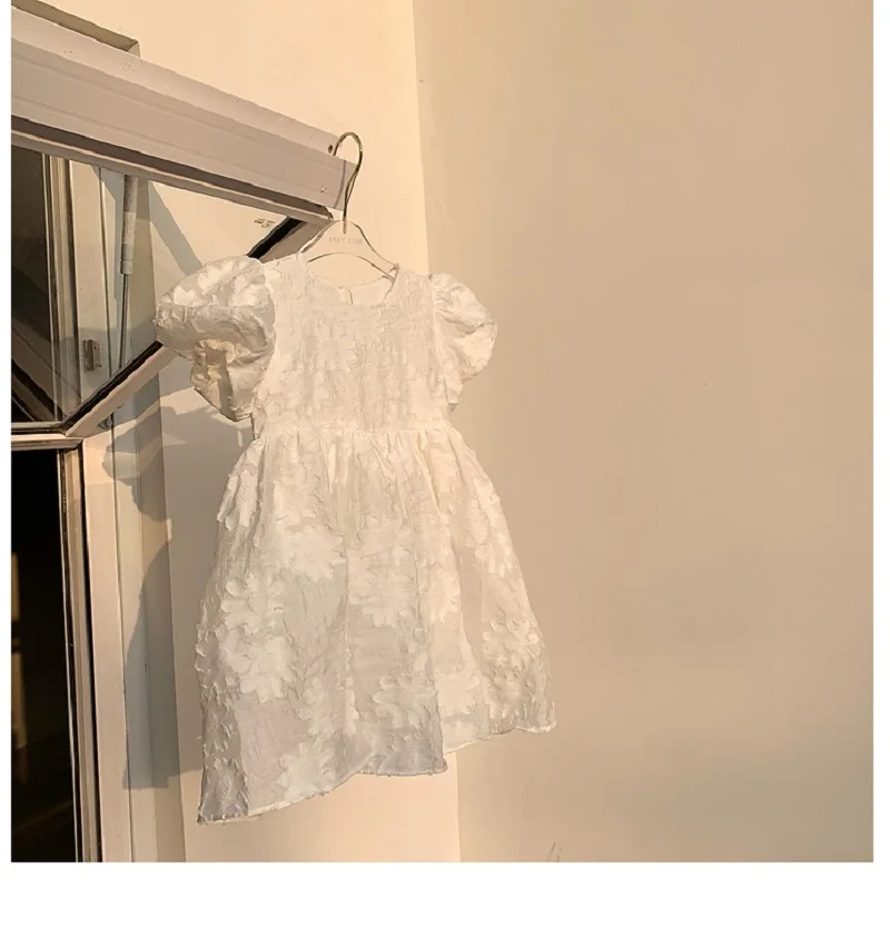 Summer Baby Girls White Cotton Lined Flower Embroidery Puff Sleeves Princess Dress Kids Lovely Outfit Child Sweet Skirt 2-8Years