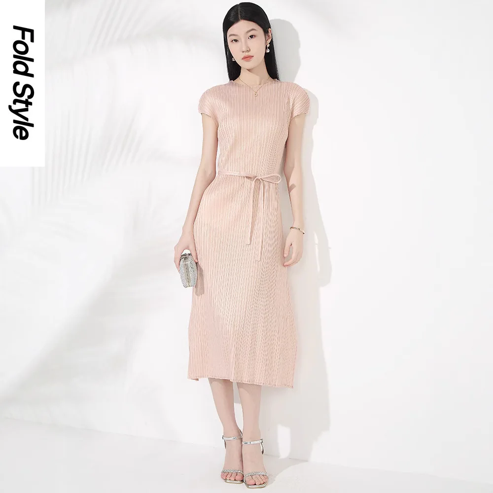 

Miyake Fashion Pleated Dress 2025 Summer New Waist Skinny Temperament Muse Fan Irregular Short Sleeve Lace-Up Skirt