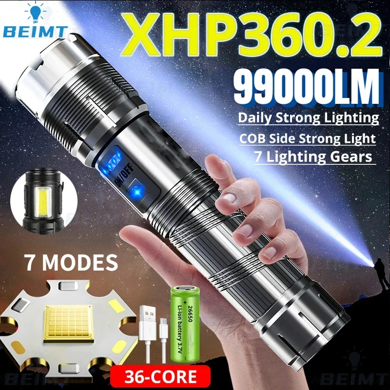 99000LM XHP360 Super High Power LED Flashlight Rechargeable Tactical Torch Zoom 7 Modes Waterproof XHP70 Fishing 26650 Torches