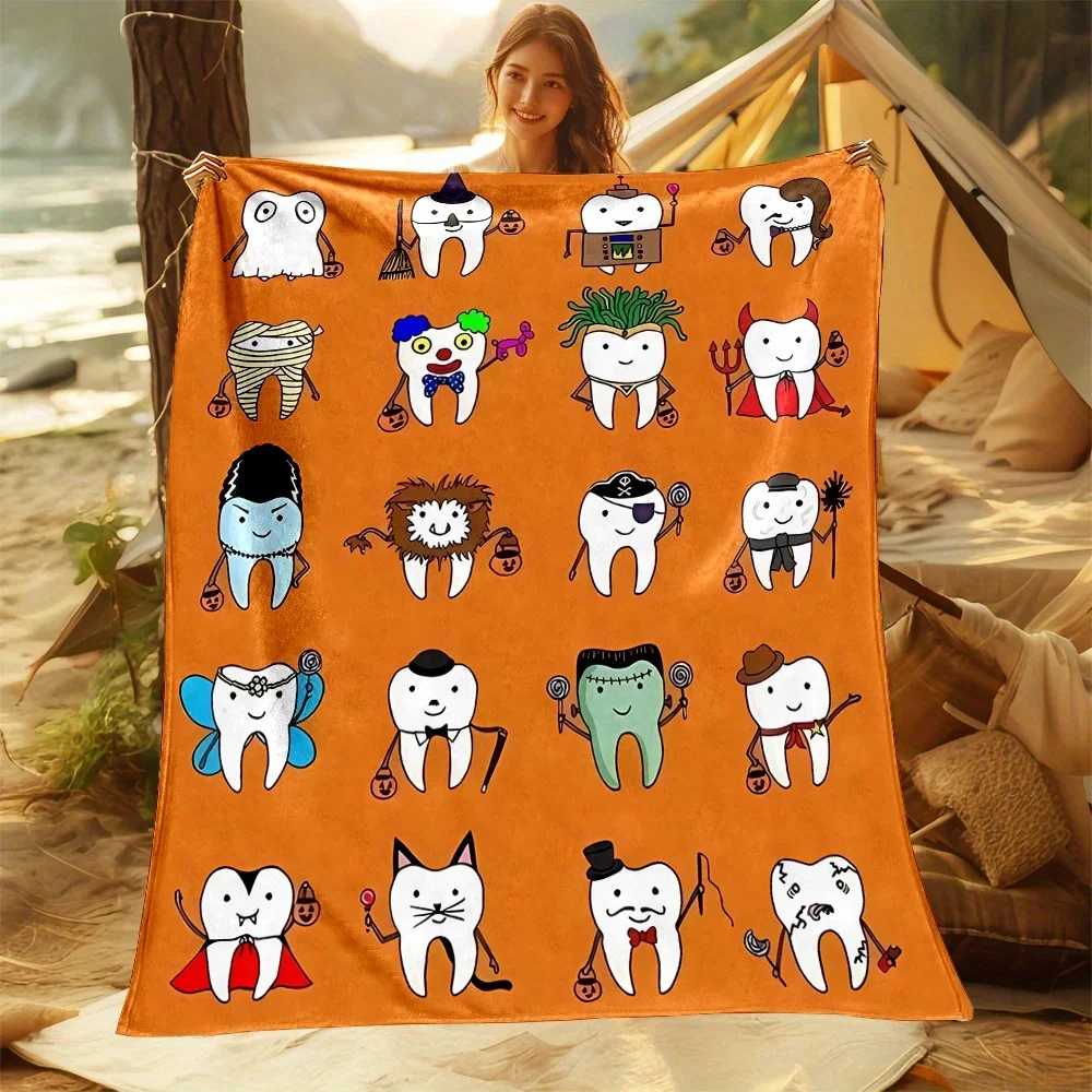 Cartoon tooth print, flannel fleece blanket, modern style, autumn and winter, durable for home and trave