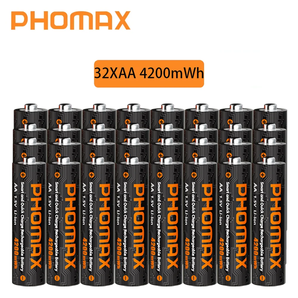 PHOMAX 2-32PC Oplaadbare lithiumbatterij 12-slots slimme snellader 1,5 V AA 4200 mWh batterijen voor koplamp speelgoedauto multimeter
