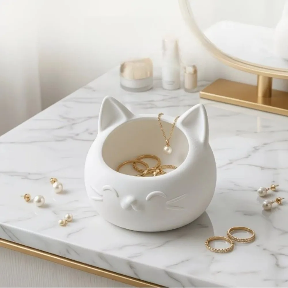 Cat-Shaped Desktop Storage Container Wide Mouth Multi-Purpose Storage Box Creative Design 3D Printed Jewelry Holder Nightstand