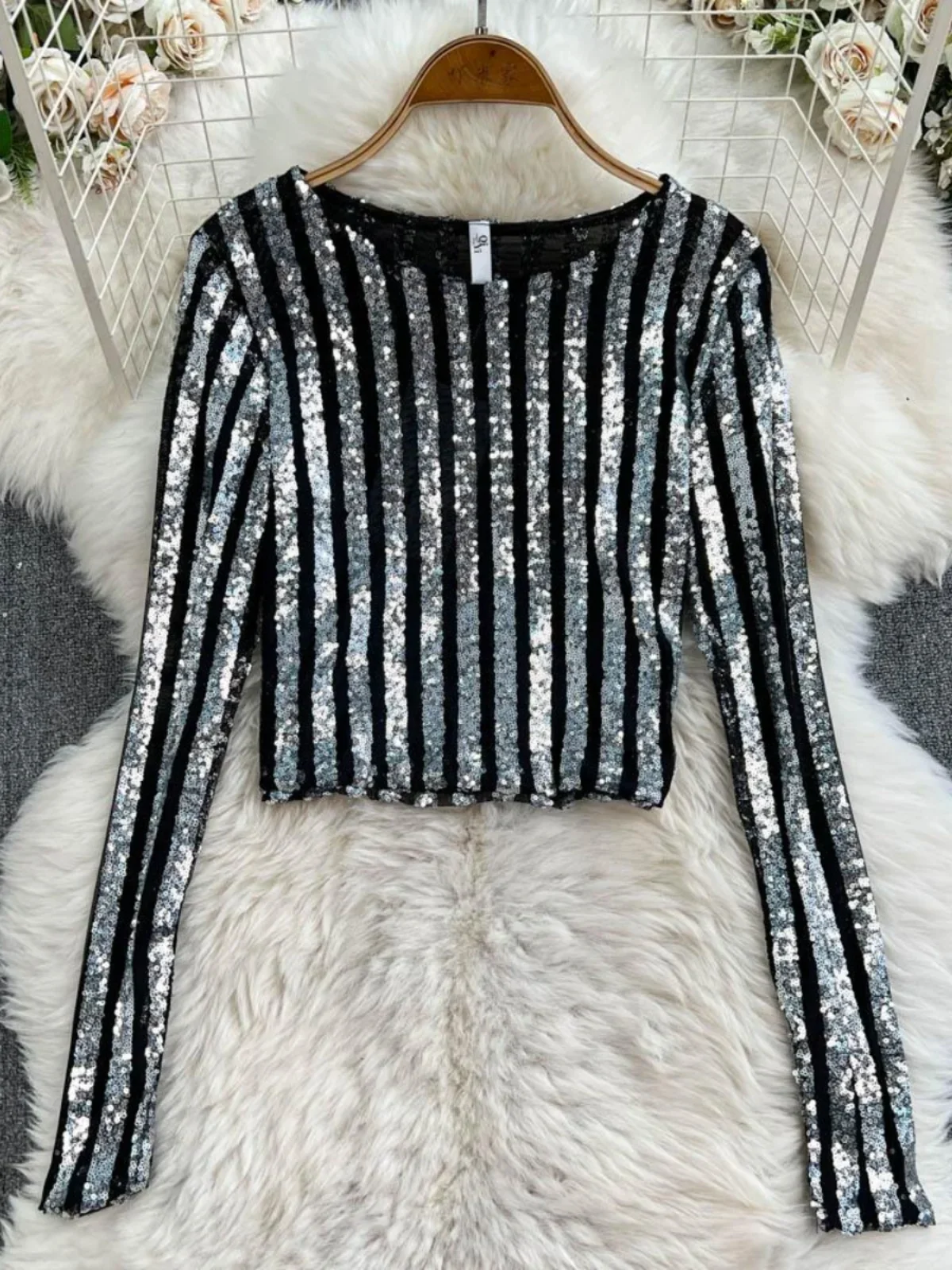 

High-End Heavyweight Sequin Splice Me Long Sve round Ne T-irt Women's Spring Summer New Slimming Top Korean Sle