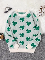 Four-Leaf Clover Jacquard Pattern Pullover Sweater Casual Round Neck Contrast Color Knitted Men's Pullover