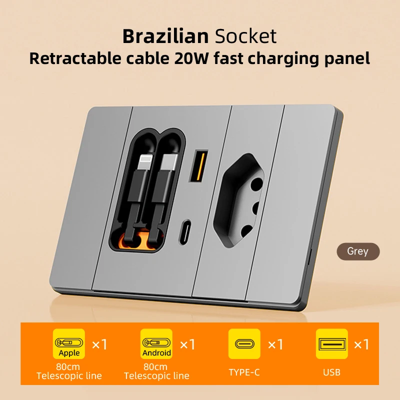 118 Type Brazil Socket Panel with Retractable Cable 20W USB Fast Charging Multi-hole Type-C Wall Socket for Brazilian Market