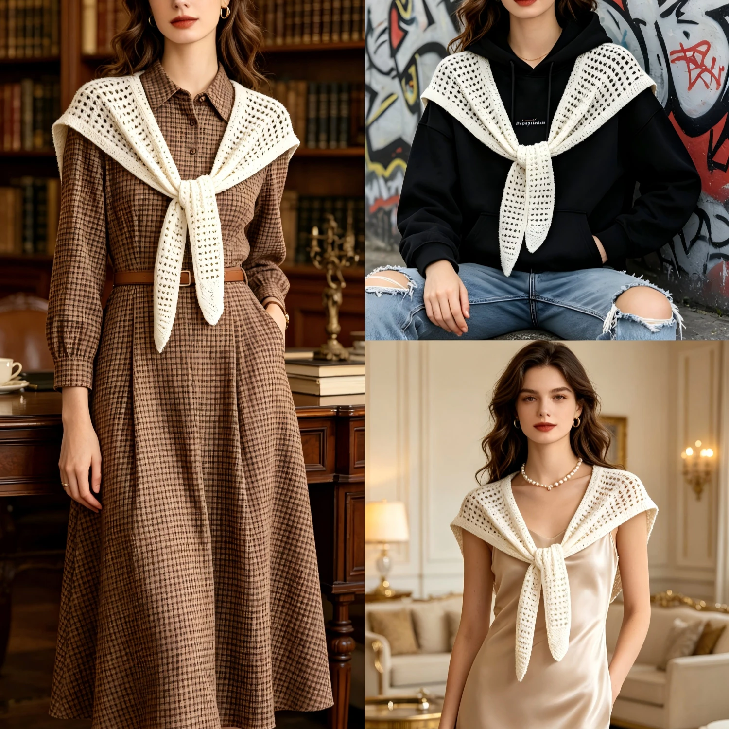 1 piece of spring and autumn new hollow design pointed sleeve knitted shawl with shirt skirt and neck scarf