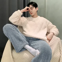 Casual Men's Autumn Winter Warm Pajamas Set Warm Coral Fleece Striped Pullover + Plush Pants 2Pcs Sleepwear Male Loose Homewear