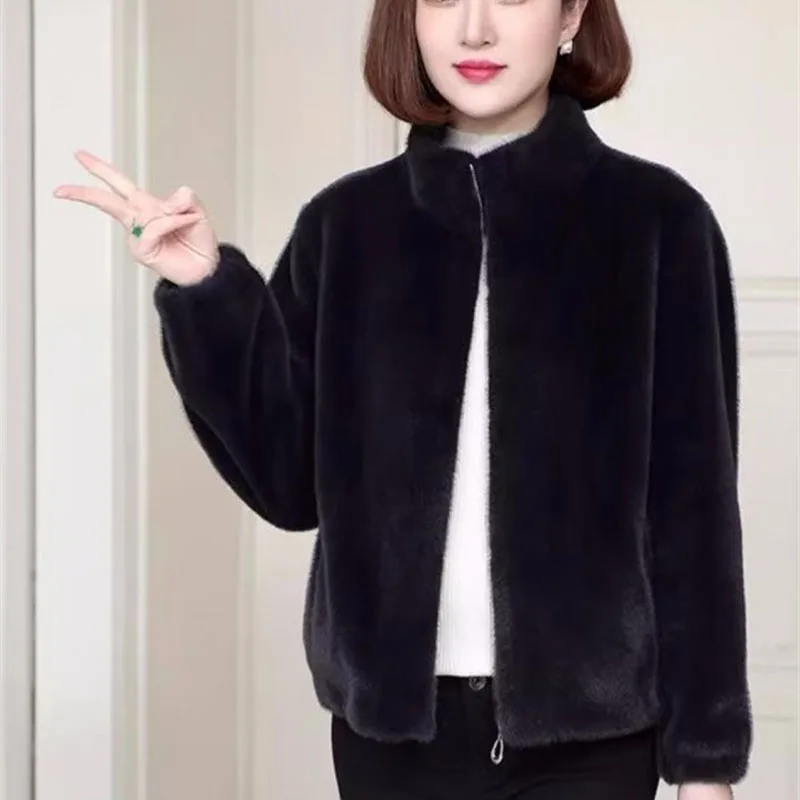 Koreański płaszcz damski ze sztucznego futra ze stójką, moda damska 2025, duży rozmiar 5XL, futrzana odzież wierzchnia, jesienno-zimowa, damska, codzienna, pluszowa kurtka.