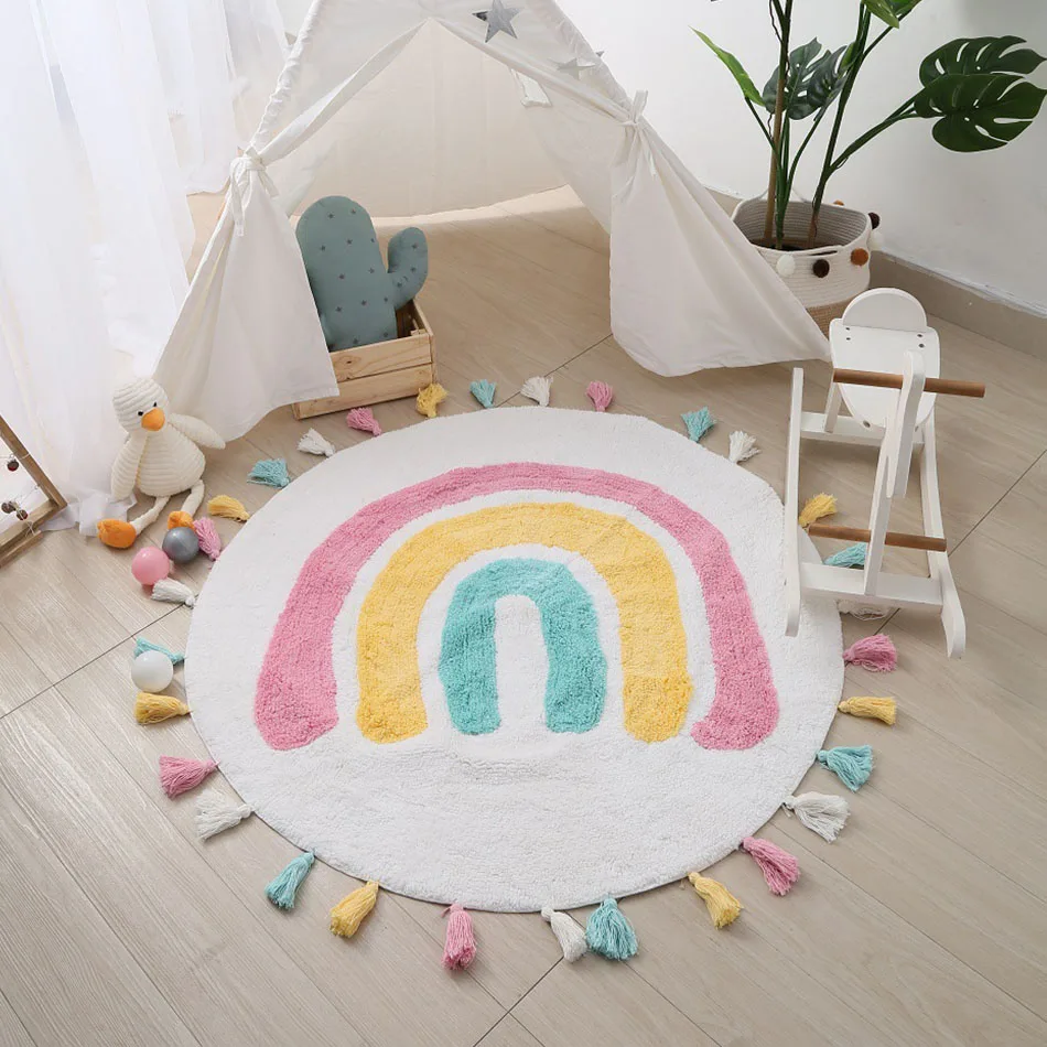 Baby Turnhallen Spielmatten Kinder Zimmer Regenbogen Muster Quaste Rand Dekoration Teppich Spiel Kriechen Pad Neugeborenen Kriechende Matte Kissen