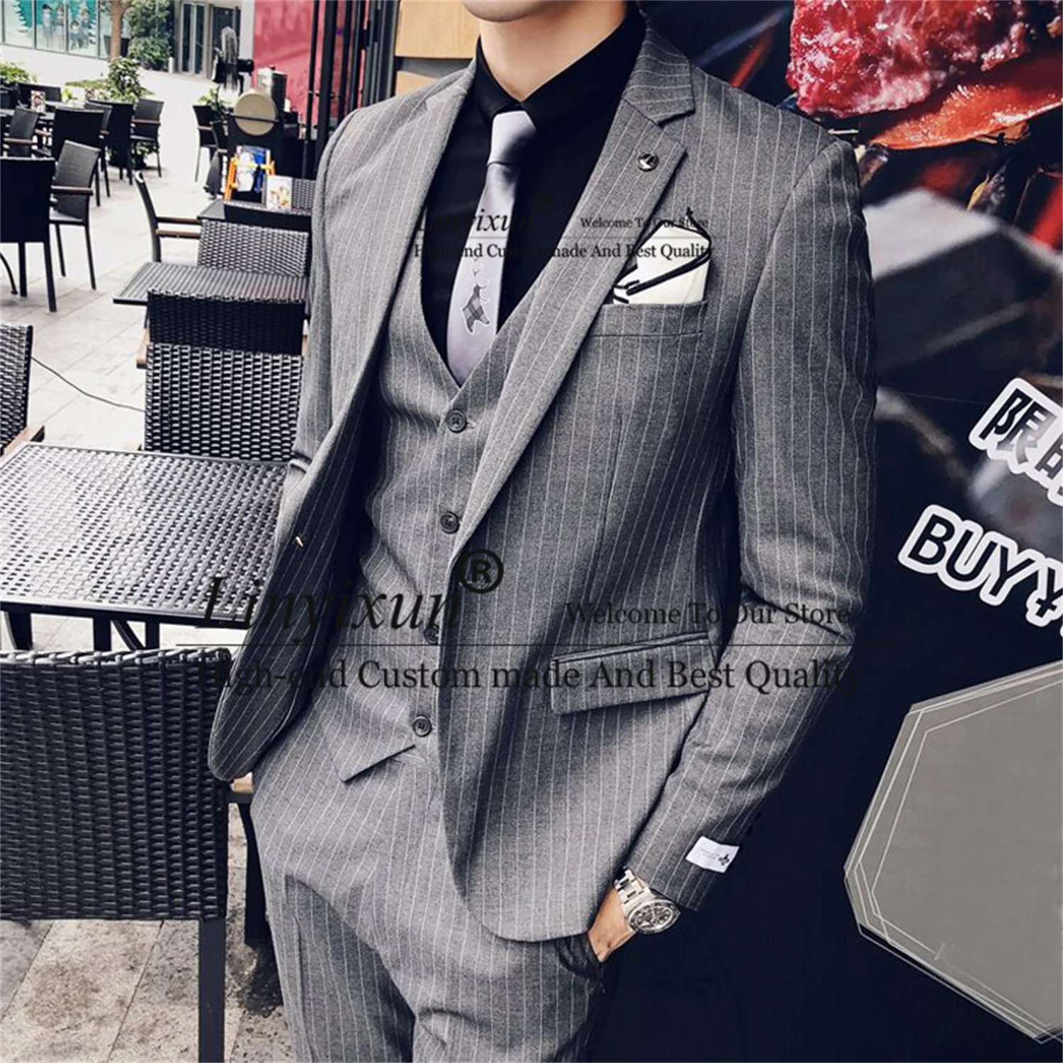 

Pinstripe Slim Fit Men Suits Notched Lapel Groom Wedding Tuxedo Business Male 3 Pieces Jacket Vest Pants Set Costume Homme