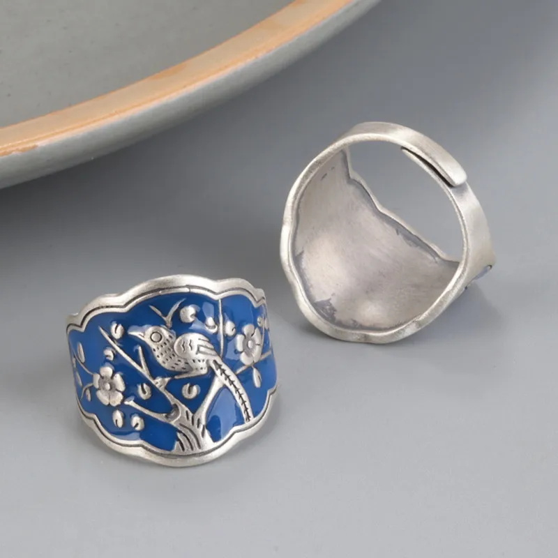 S925 sterling silver burnt blue drop glue craft happy eyebrow ring female retro ethnic style bird open ring