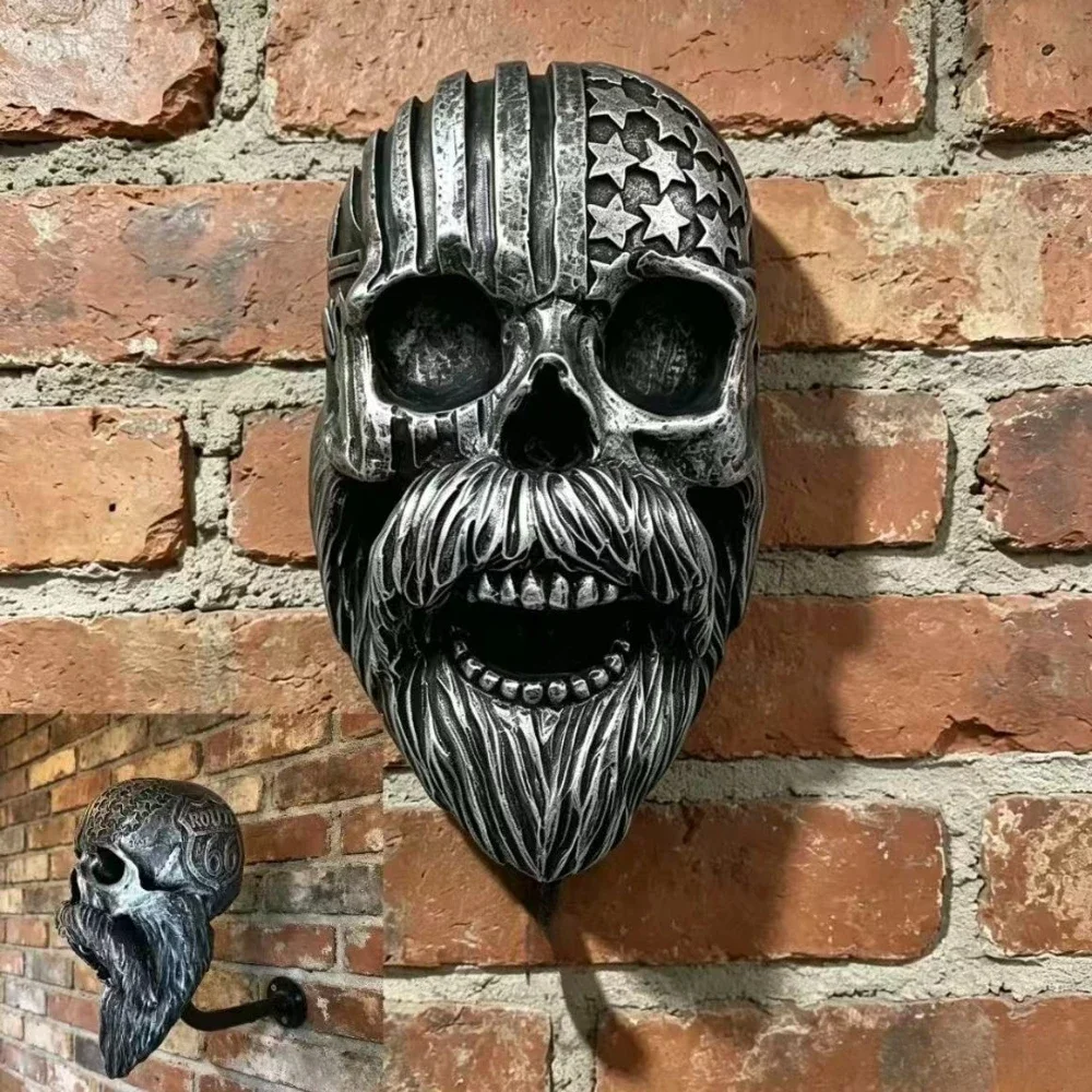 Retro Biker Skull Helmet Stand Wall Mount Resin Skull Statue Motorcycle Helmet Holder Ornament Garage Bar Home Wall Decoration