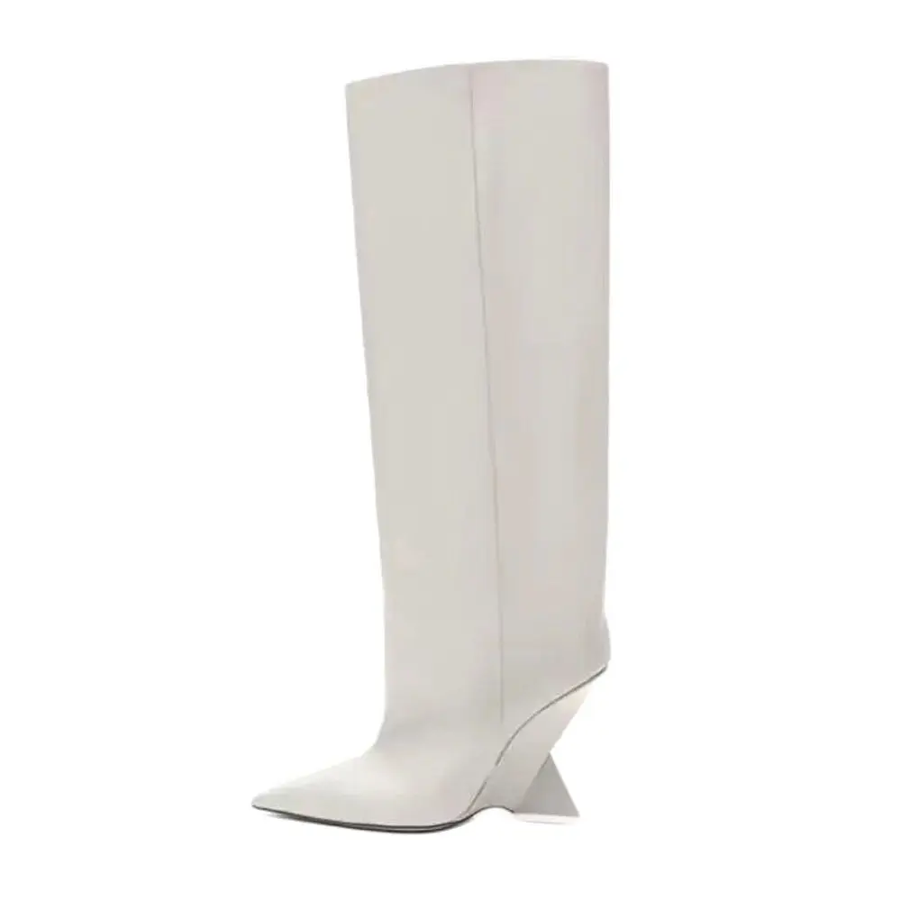 Arden furtado 2024 preto joelho botas altas para mulher dedo do pé apontado bezerro largo pull-on cunhas salto alto azul branco elegante botas bronzeadas