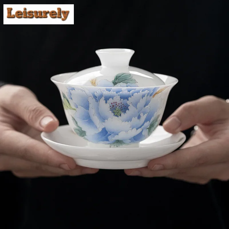 

135ml Chinese Hand-painted Peony Gaiwan Elegant White Jade Mud Porcelain Tea Tureen Tea Brewing Cover Bowl Tea Services Gifts