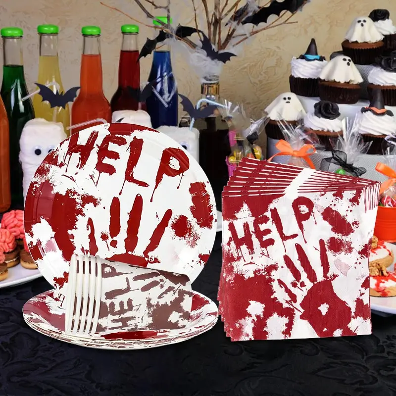 Halloween Disposable Tableware Horror Bloody Handprints Paper Plate Butcher Bloody Apron For Halloween Zombie Party Decor Props