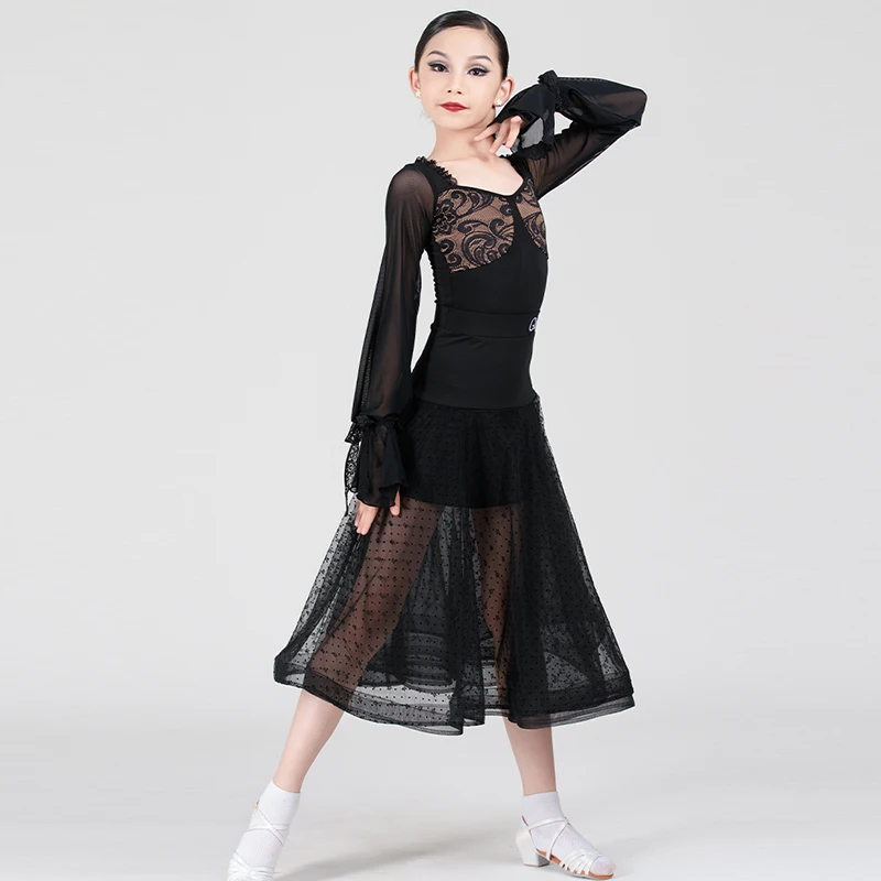 

Girls Long Sleeve Ballroom Dance Dress Competition Dress Two-Piece Tango Dance Performance Costume Waltz Dancewear DL11088