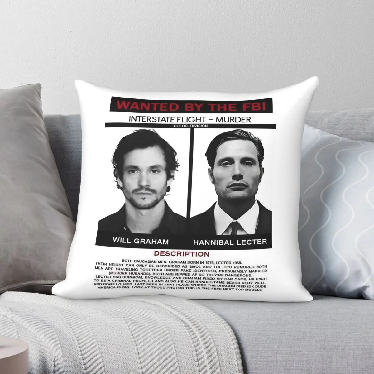 Hannibal Lecter Will Graham Wanted Square Pillowcase Polyester Linen Velvet Creative Zip Decorative Car Cushion Cover