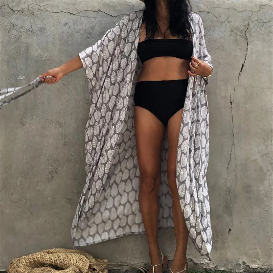 7-farbiges Blättermuster mit Gürtel, halblange Tunika, Strandkleid, Strandmode, Damen V4511 – Detail 11
