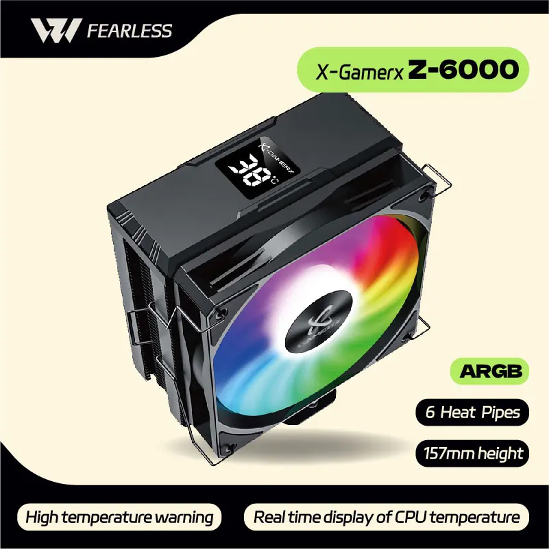 

Power Train X-Gamerx Z-6000 ARGB CPU Cooler with Digital Temperature Display Radiator 6 Heat pipes For LGA1700/1200 115X AM4 AM5