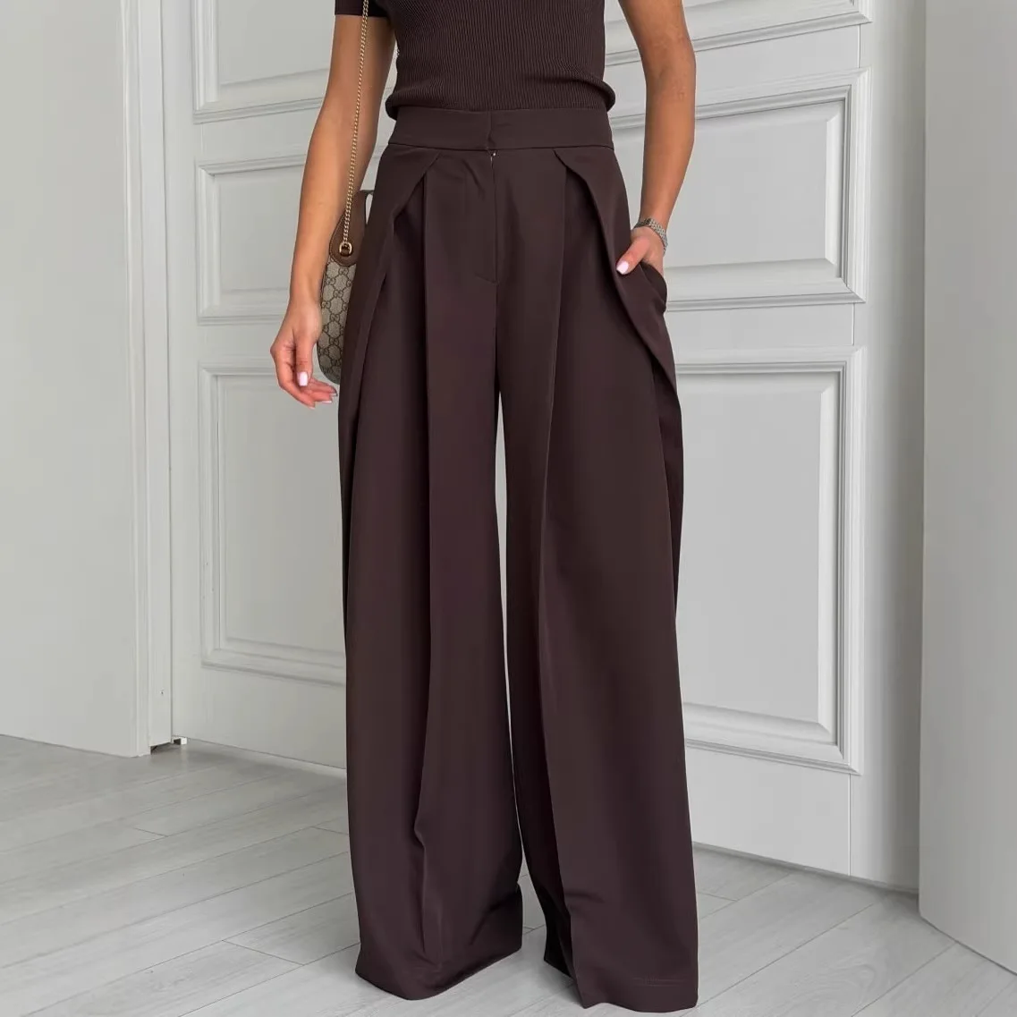 Women Wide Leg Suit Pants Stretch High Waist Straight Floor Length Vintage Draped Trousers Spring Summer 2026 Office Lady