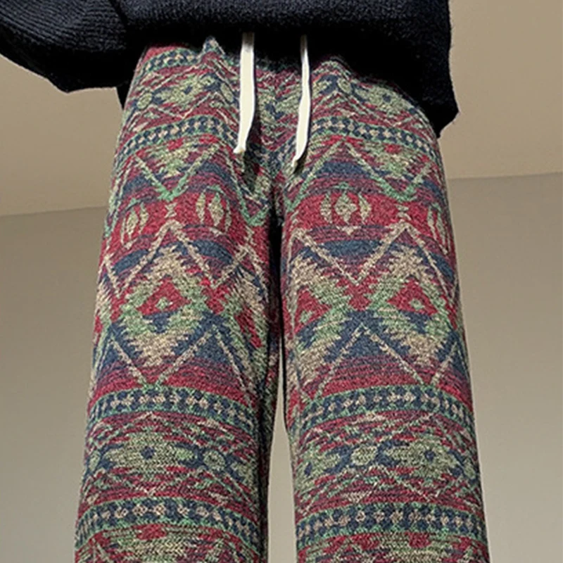 Etnische stijl mix kleur broek vrouw winter fleece dikker rechte broek vrouw mode losse hoge taille wijde pijpen broek dames