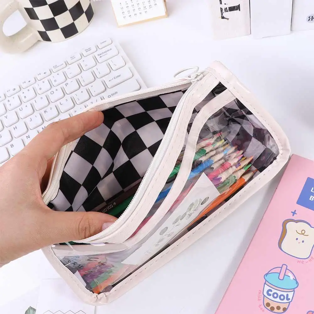 

Transparent Checkerboard Pattern Pen Case Waterproof High Capacity ' Pencil Cases Ins Multifunctional Lattice Pencil Bag