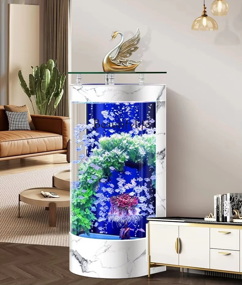 

New floor-to-ceiling fish tank light luxury ecological circulation back filter semi-circular water-free glass aquarium