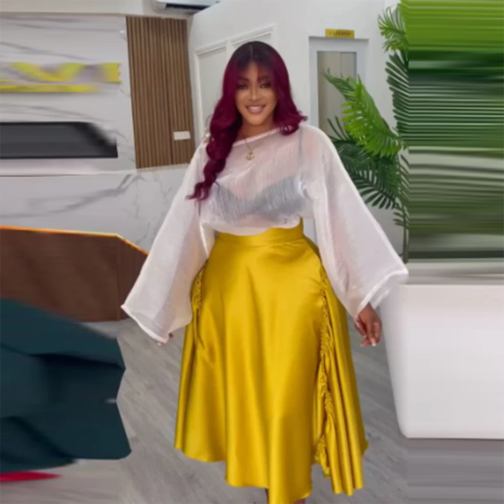 

Elegant Gold Satin Skirts Lady High Waist Skirt Girls Birthday Party A Line Skirt Mid-Calf Women Ruched Formal Wear